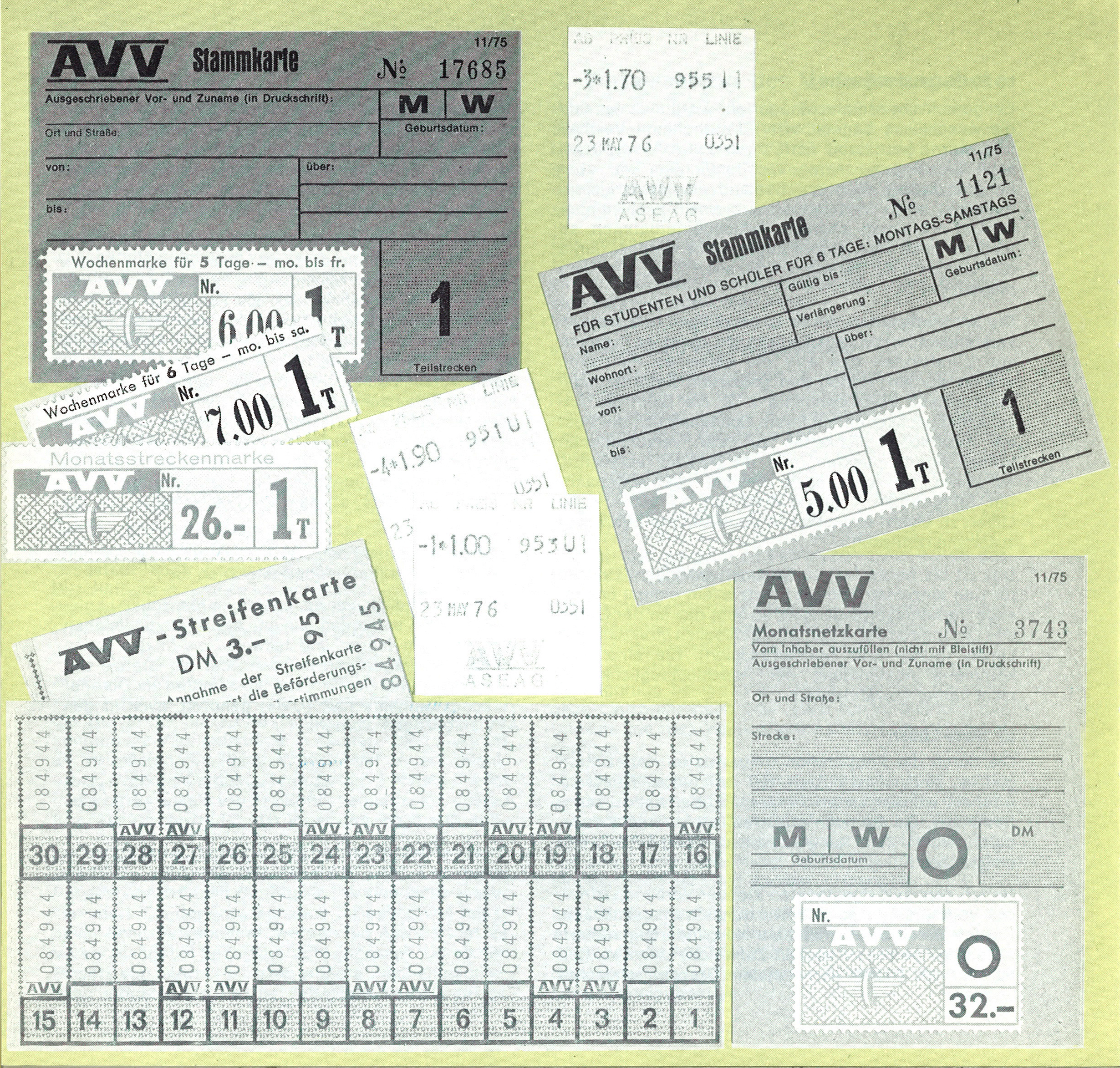 Sammlung alter AVV-Fahrkarten; Quelle „5 Jahre AVV“