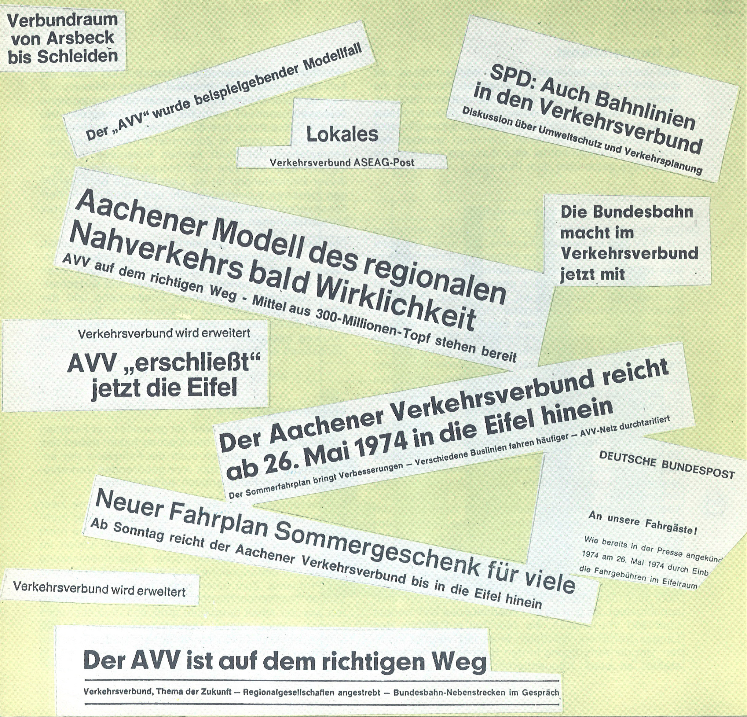 Zeitungsschlagzeilen von der Gründung des AVV als Verkehrsgemeinschaft; Quelle „5 Jahre AVV“