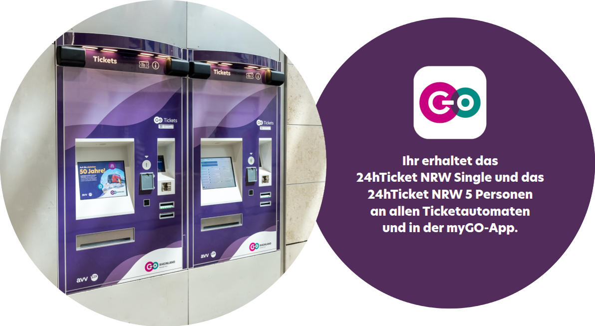 An einer Wand sind zwei lilafarbene Ticketautomaten angebracht. Eine runde Grafik daneben weist darauf hin, dass das 24hTicket NRW Single und das 24hTicket NRW 5 Personen an den Automaten und in der myGO-App erhältlich sind.