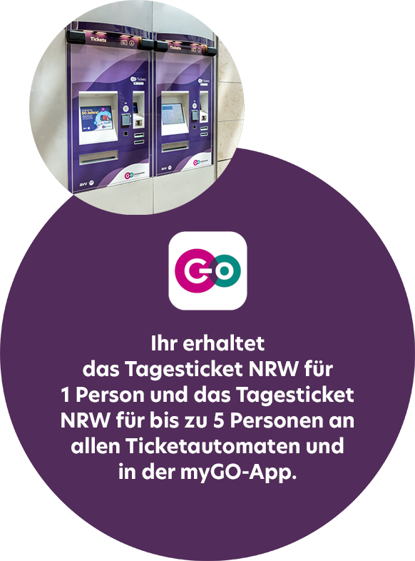 Zwei lilafarbene Fahrkartenautomaten werden über einem deutschen Text gezeigt, der erklärt, dass Einzel- und Gruppentageskarten für NRW an allen Fahrkartenautomaten und in der myGO-App erhältlich sind. Das myGO-Logo erscheint in der Mitte des Bildes.