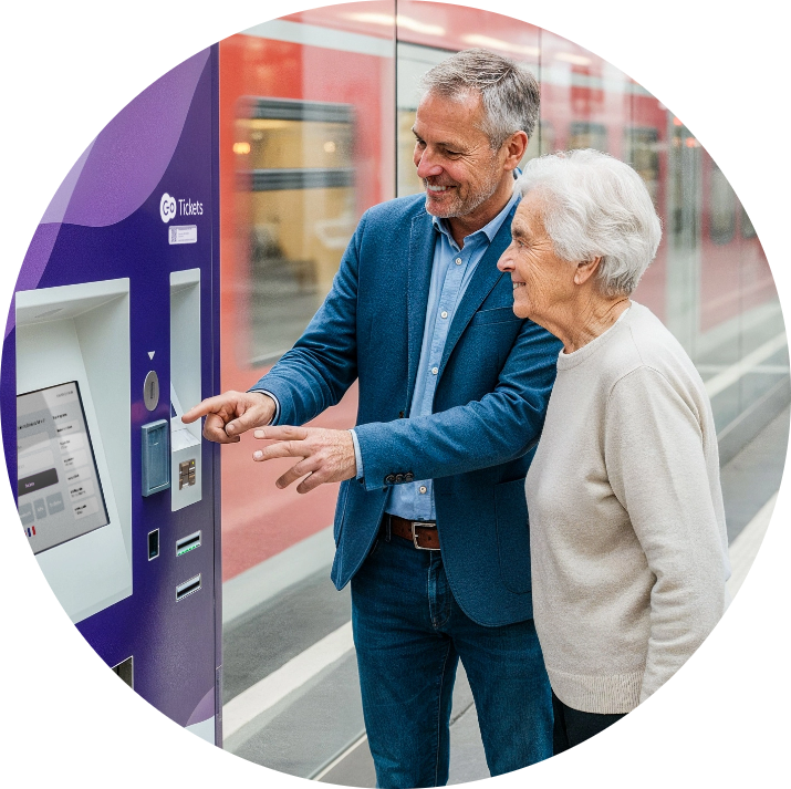 Eine ältere Frau und ein Mann mittleren Alters stehen an einem lila Fahrkartenautomaten. Der Mann zeigt auf den Bildschirm, während die Frau zusieht. Sie scheinen sich in einem Bahnhof oder einer U-Bahn-Station zu befinden, wobei im Hintergrund ein Zug zu sehen ist.
