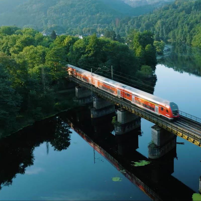 goRheinland roter S-Bahn Zug fährt über Brücke in der grünen Natur