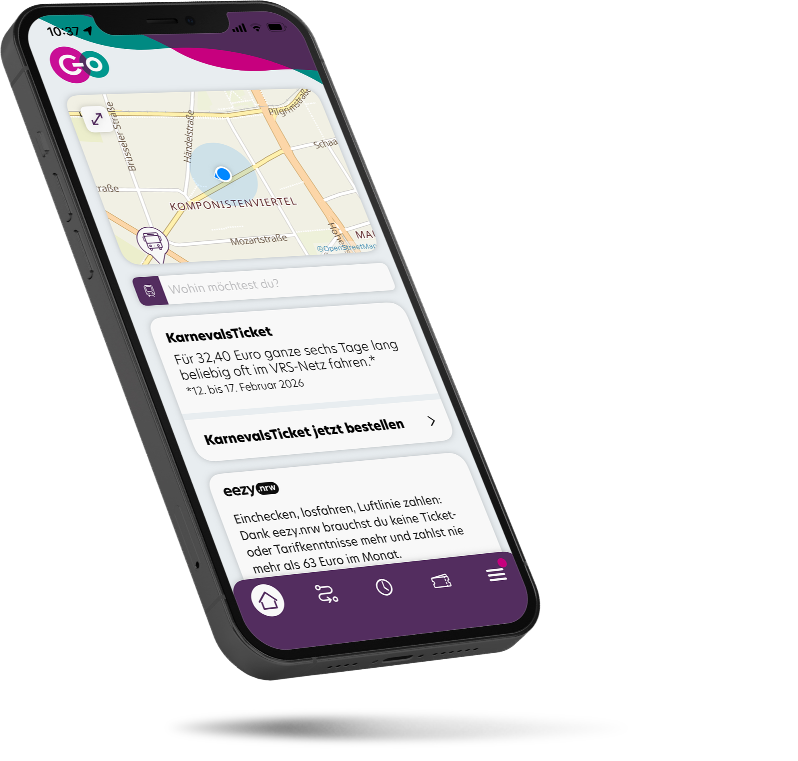 Ein Smartphone zeigt eine Verkehrsmittel-App-Oberfläche mit einer Karte im oberen Bereich und Ticketoptionen, darunter ein "KarnevalsTicket", an. Die Statusleiste zeigt die Uhrzeit 10:21 an.
