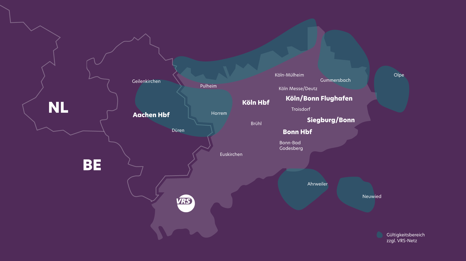Eine Karte, die das VRS-Gebiet in Westdeutschland zeigt, wobei Aachen Hbf, Köln Hbf, Köln/Bonn Flughafen, Bonn Hbf, Siegburg/Bonn und die umliegenden Regionen mit unterschiedlichen Farbschattierungen hervorgehoben werden. Die Karte grenzt an NL und BE.