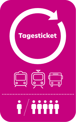 Eine magentafarbene Fahrkartengrafik mit einem großen kreisförmigen Pfeil, dem Wort "Tagesticket" und den Symbolen einer U-Bahn, einer Straßenbahn und eines Busses. Darunter befinden sich Icons, die eine Person oder eine Gruppe von fünf Personen zeigen.
