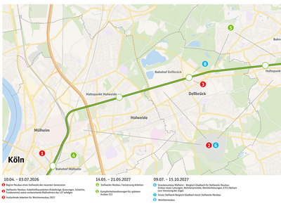 Grafik zu den geplanten Streckensperrungen zwischen Köln-Mülheim und Bergisch Gladbach (© DB AG)