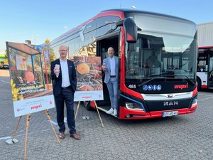 Das Bild zeigt von links Markus Grawe, Vorstandsvorsitzender der Sparkasse Leverkusen und Marc Kretkowski, Geschäftsführer der wupsi GmbH, bei der Präsentation des neuen Systems in einem Bus der wupsi.  © wupsi GmbH
